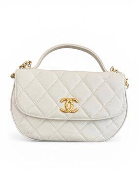 Chanel Mini Top Handle Flap Crossbody Bag White Quilted Lambskin Gold HW